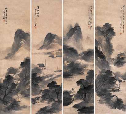 吴石僊 戊戌（1898年）作 山水 四屏